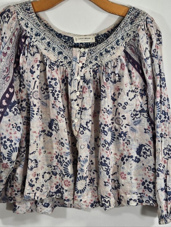 Lucky Brand Tops - Lucky Brand Peasant Top Womens Small Embroidered Cotton Blend Floral Blouse
